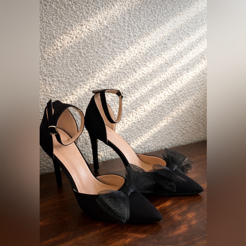 Elegant Black Ankle Strap Heels Mesh Bow